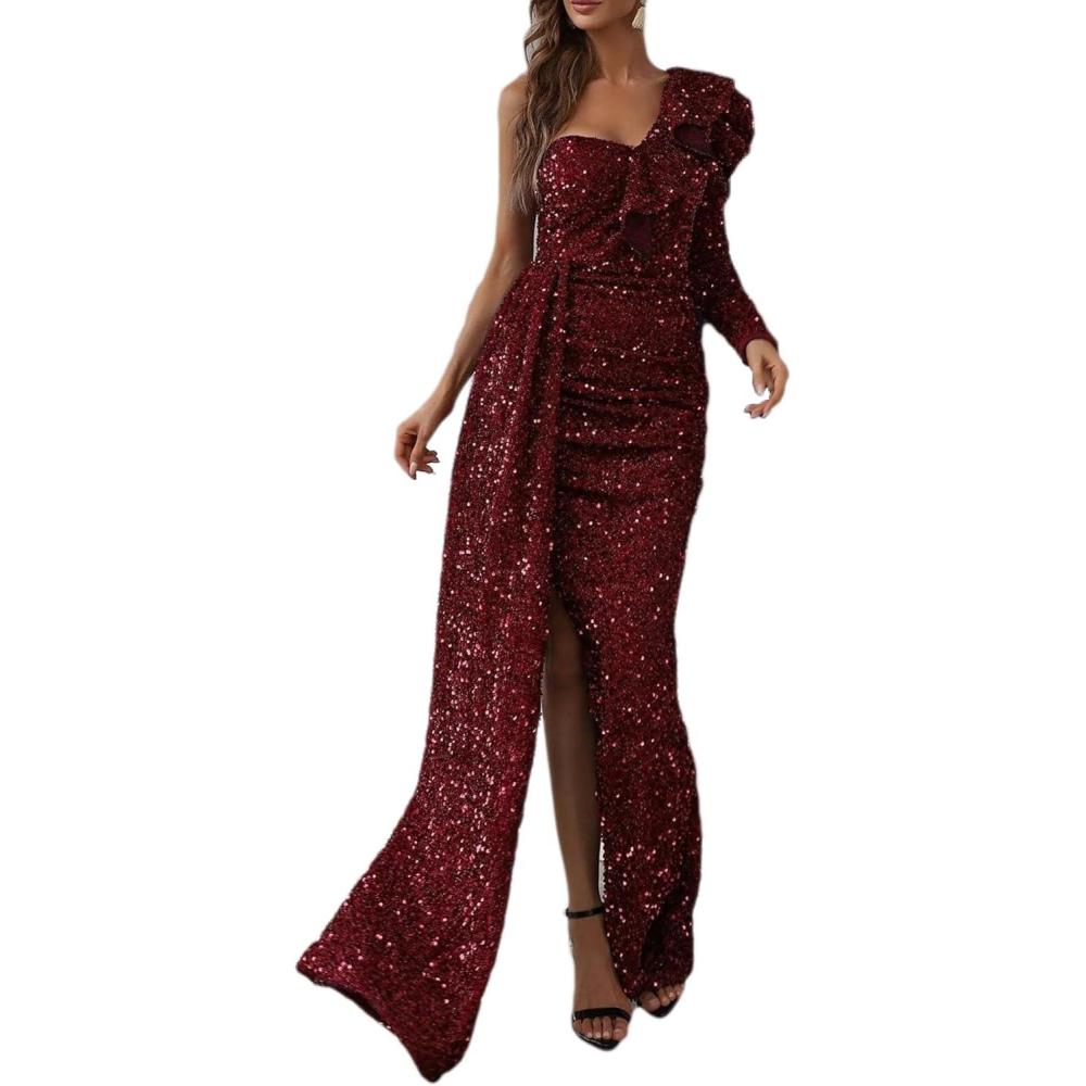 imagemeilun One Shoulder Long Sleeve Sequin Dress for Women Ruffle Formal Evening Gowns Sparkly Maxi DressAwine