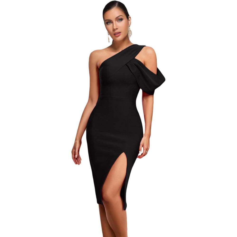 imagemeilun One Shoulder Ruffle Wedding Guest Dress Slit Bandage Cocktail Dress Formal Party GownsCblack