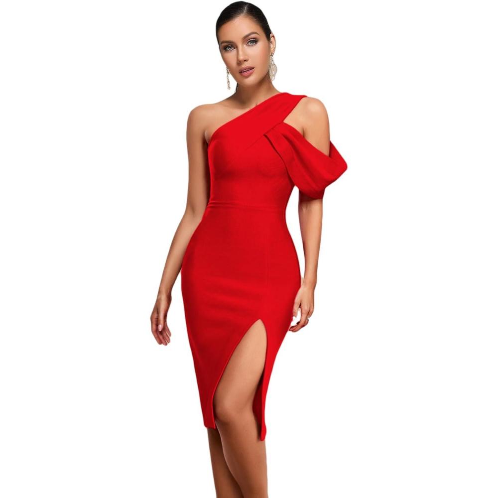imagemeilun One Shoulder Ruffle Wedding Guest Dress Slit Bandage Cocktail Dress Formal Party GownsCred