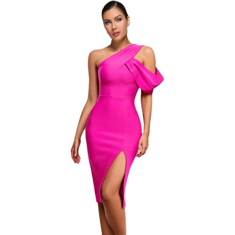 imagemeilun One Shoulder Ruffle Wedding Guest Dress Slit Bandage Cocktail Dress Formal Party GownsCrose