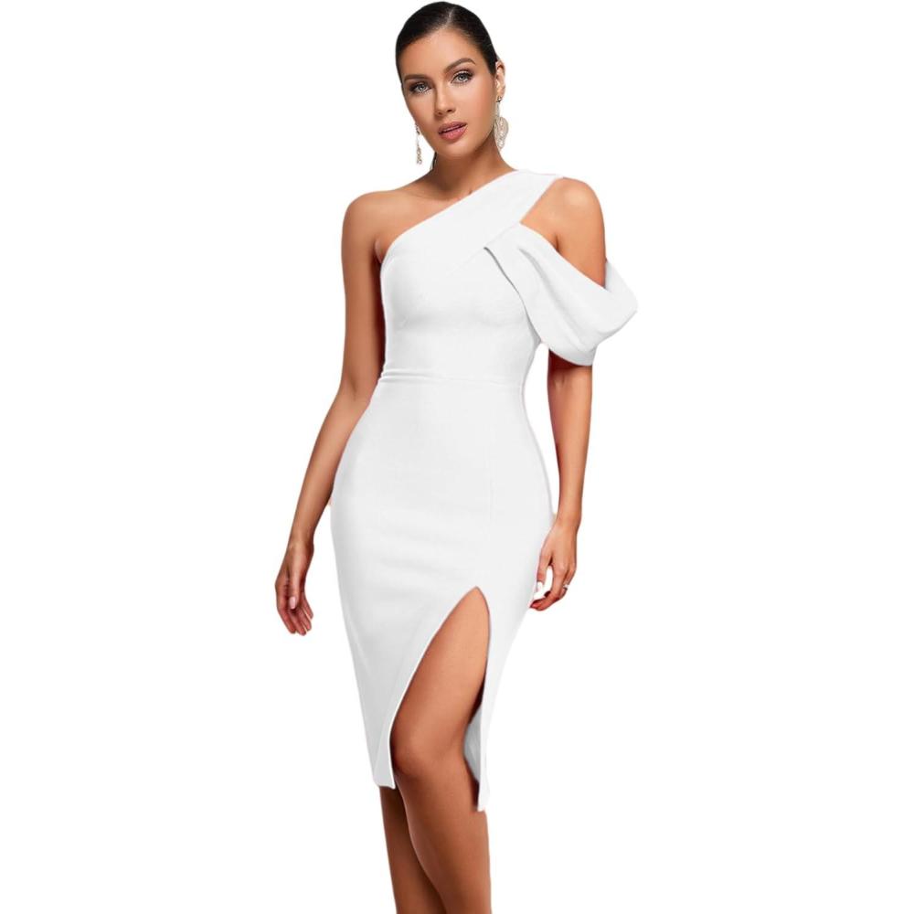 imagemeilun One Shoulder Ruffle Wedding Guest Dress Slit Bandage Cocktail Dress Formal Party GownsCwhite