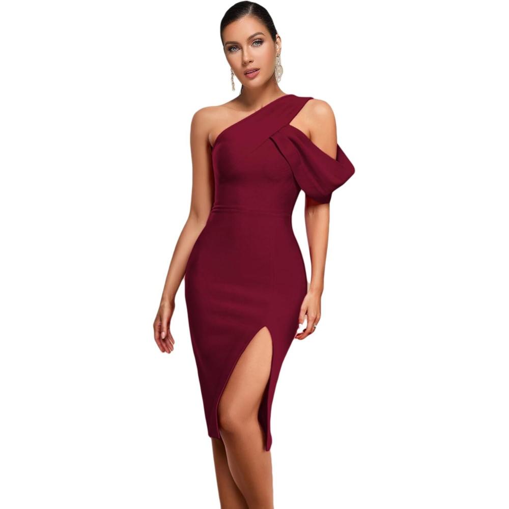 imagemeilun One Shoulder Ruffle Wedding Guest Dress Slit Bandage Cocktail Dress Formal Party GownsCwine