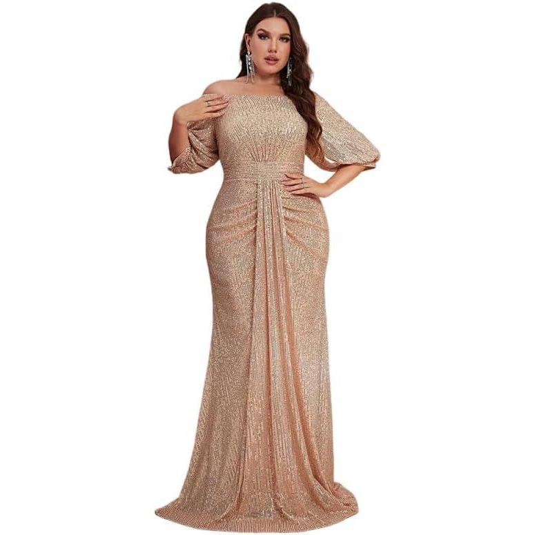 imagemeilun Plus Size Evening Gown SequinEmbellished Elegant VNeck MidLength Sleeve Banquet DressBeige