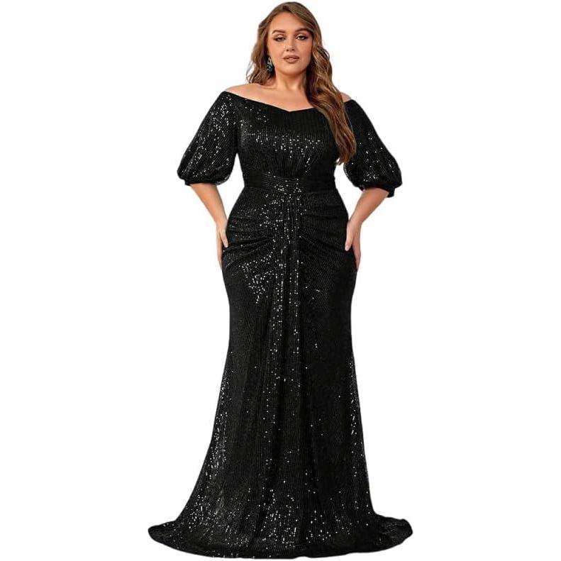 imagemeilun Plus Size Evening Gown SequinEmbellished Elegant VNeck MidLength Sleeve Banquet DressBlack