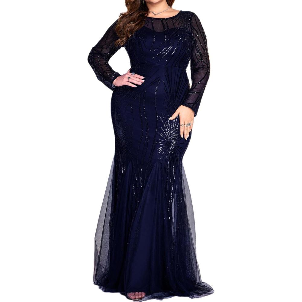 imagemeilun Plus Size Long Sleeve Formal Dress Elegant Round Neck Sequins Mesh Evening GownsAnavy