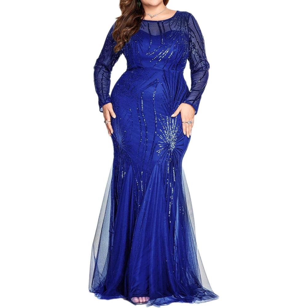 imagemeilun Plus Size Long Sleeve Formal Dress Elegant Round Neck Sequins Mesh Evening GownsAroyal