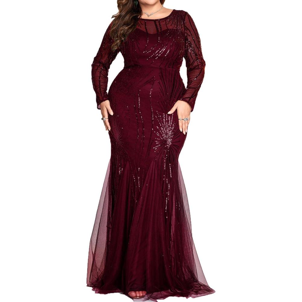imagemeilun Plus Size Long Sleeve Formal Dress Elegant Round Neck Sequins Mesh Evening GownsAwine