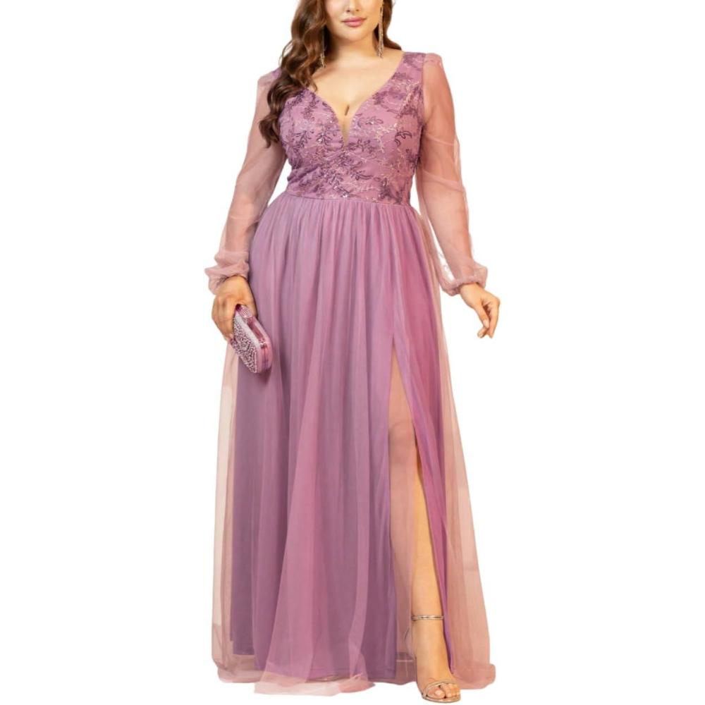 imagemeilun Plus Size Mesh Maxi Dress Long Sleeve Beaded Mesh Splicing Model Evening DressesPink