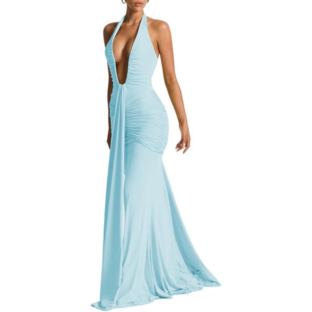 imagemeilun Rosetta Maxi Dress Hanging Neck Deep V Waist Long Backless Fluttering Fishtail DressesBlue