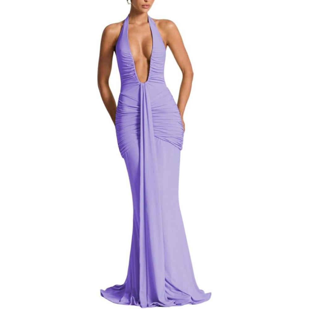 imagemeilun Rosetta Maxi Dress Hanging Neck Deep V Waist Long Backless Fluttering Fishtail DressesPurple