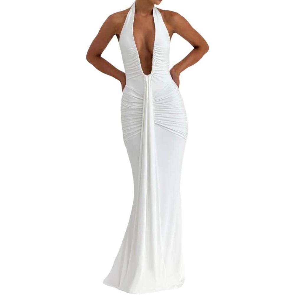 imagemeilun Rosetta Maxi Dress Hanging Neck Deep V Waist Long Backless Fluttering Fishtail DressesWhite