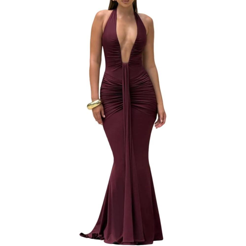 imagemeilun Rosetta Maxi Dress Hanging Neck Deep V Waist Long Backless Fluttering Fishtail DressesWine