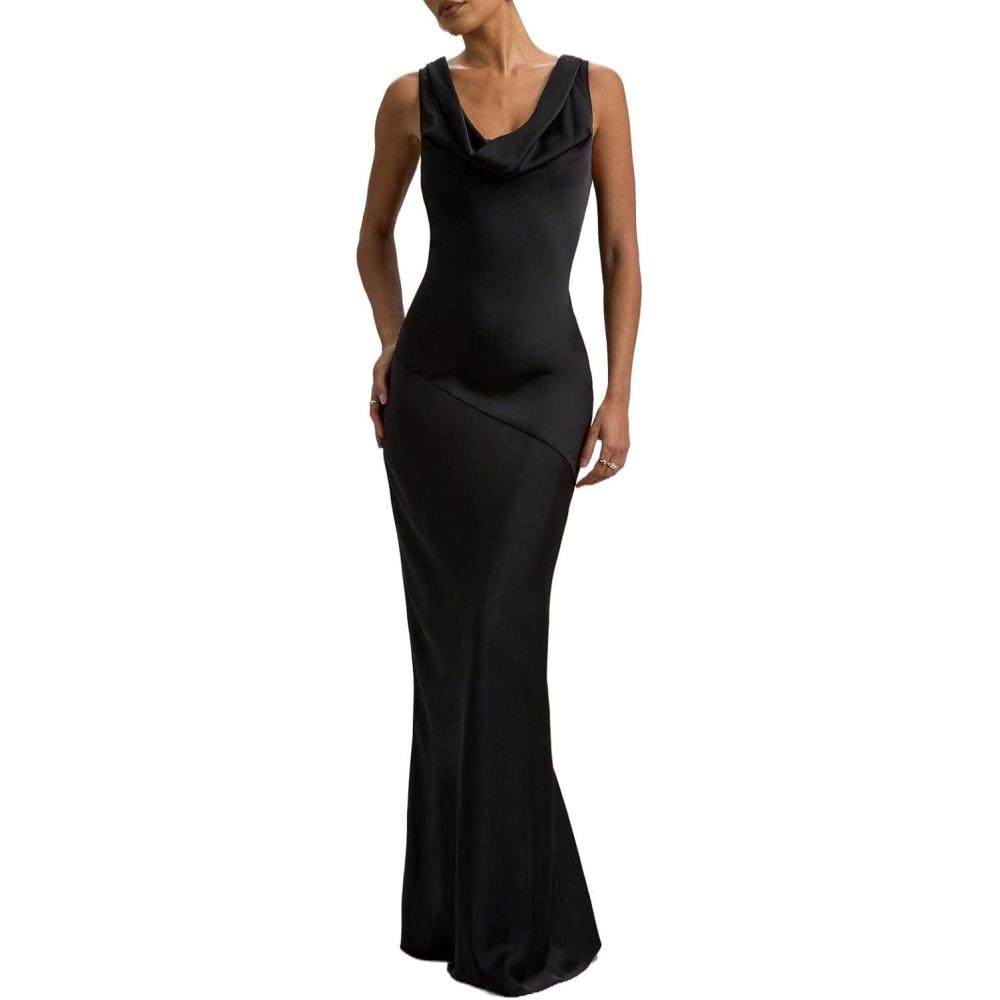 imagemeilun SatinFinish Fitted Bodycon Fishtail Dress with Backless DesignBlack