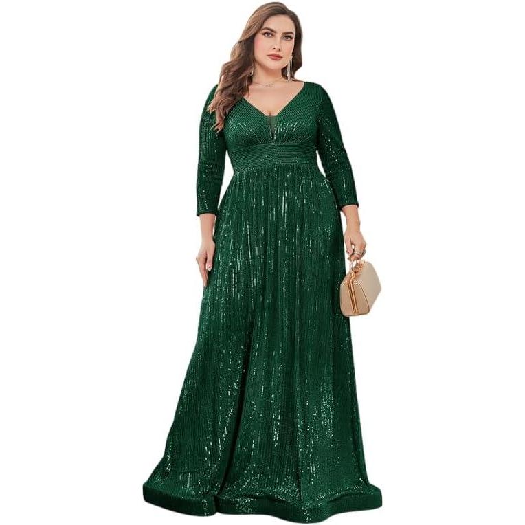 imagemeilun Sequin Dress LongSleeved Cocktail Wedding Guest Attire Elegant VNeck Party DressDeepgreen