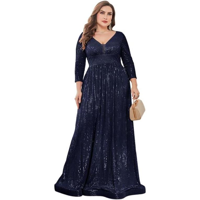 imagemeilun Sequin Dress LongSleeved Cocktail Wedding Guest Attire Elegant VNeck Party DressNavy