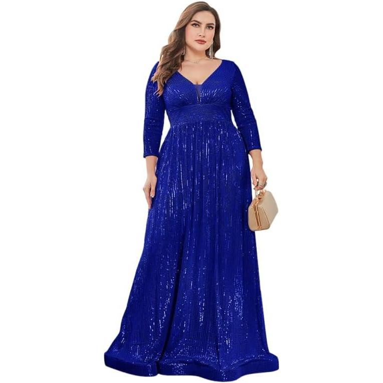 imagemeilun Sequin Dress LongSleeved Cocktail Wedding Guest Attire Elegant VNeck Party DressRoyalblue