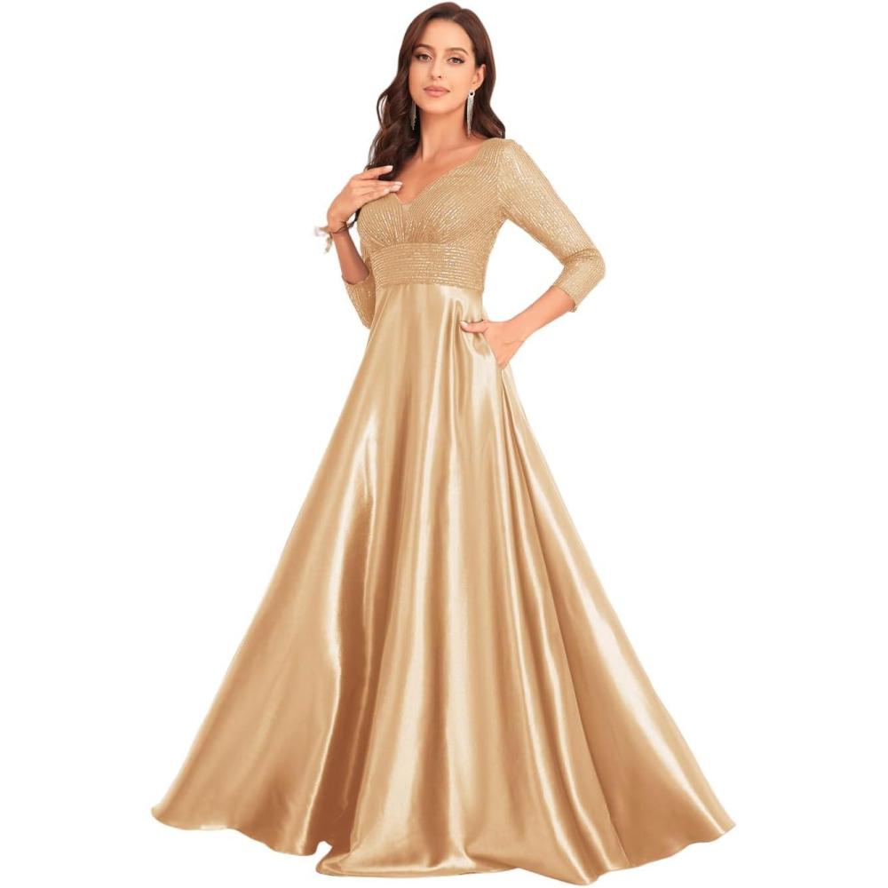imagemeilun Sequin V Neck Long Sleeve Dress Satin Fitted FullSkirted Gown Banquet Evening DressChampagne