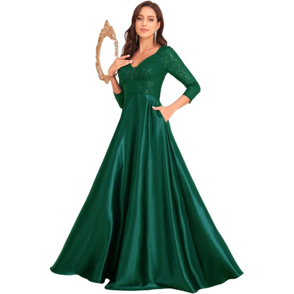imagemeilun Sequin V Neck Long Sleeve Dress Satin Fitted FullSkirted Gown Banquet Evening DressGreen
