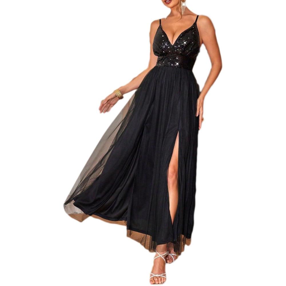 imagemeilun Sexy V Dress with Chiffon Dress Sleeveless Sequin Dress for Women Long GownAblack