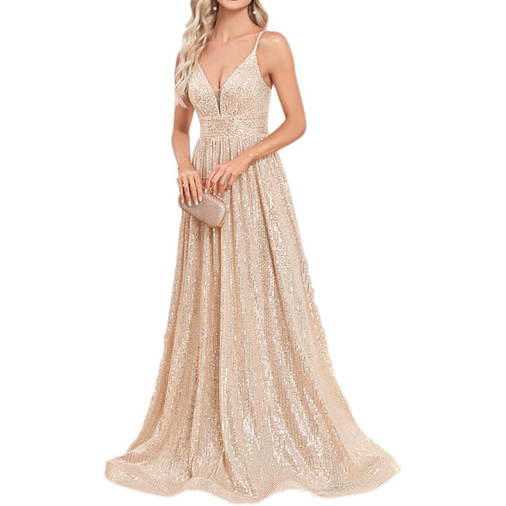 imagemeilun Sleeveless VNeck with Mesh Formal Long Dress Laceup Backless Sequin Evening Gowns Wedding Guest DressAchampagne
