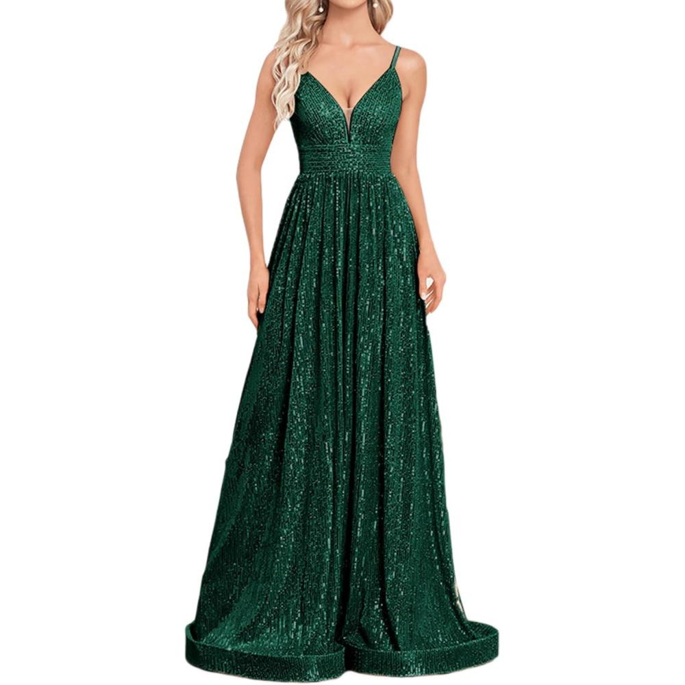 imagemeilun Sleeveless VNeck with Mesh Formal Long Dress Laceup Backless Sequin Evening Gowns Wedding Guest DressAgreen