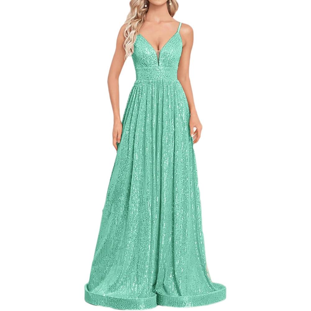 imagemeilun Sleeveless VNeck with Mesh Formal Long Dress Laceup Backless Sequin Evening Gowns Wedding Guest DressAlightgreen