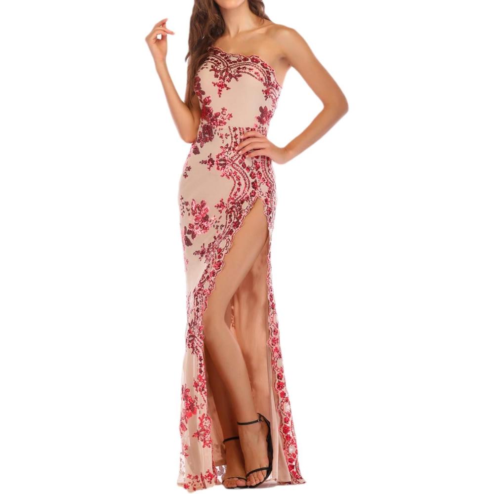 imagemeilun Sparkly One Shoulder Sequin Formal Dress Evening Gowns High Slit Long Prom DressAred