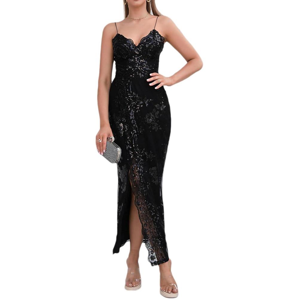 imagemeilun Sparkly Spaghrtti Strap Sequin Formal Dress Evening Gowns High Slit Long Prom Wedding Guest DressAblack