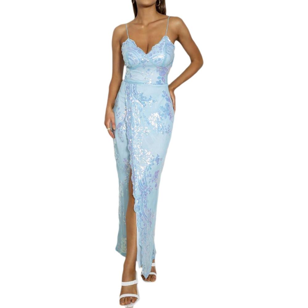 imagemeilun Sparkly Spaghrtti Strap Sequin Formal Dress Evening Gowns High Slit Long Prom Wedding Guest DressAlightblue