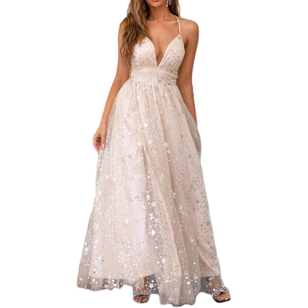 imagemeilun Sparkly V Neck Sleeveless Maxi Dress for Women Chiffon Aline Prom Evening Gowns with SlitAoffwhite