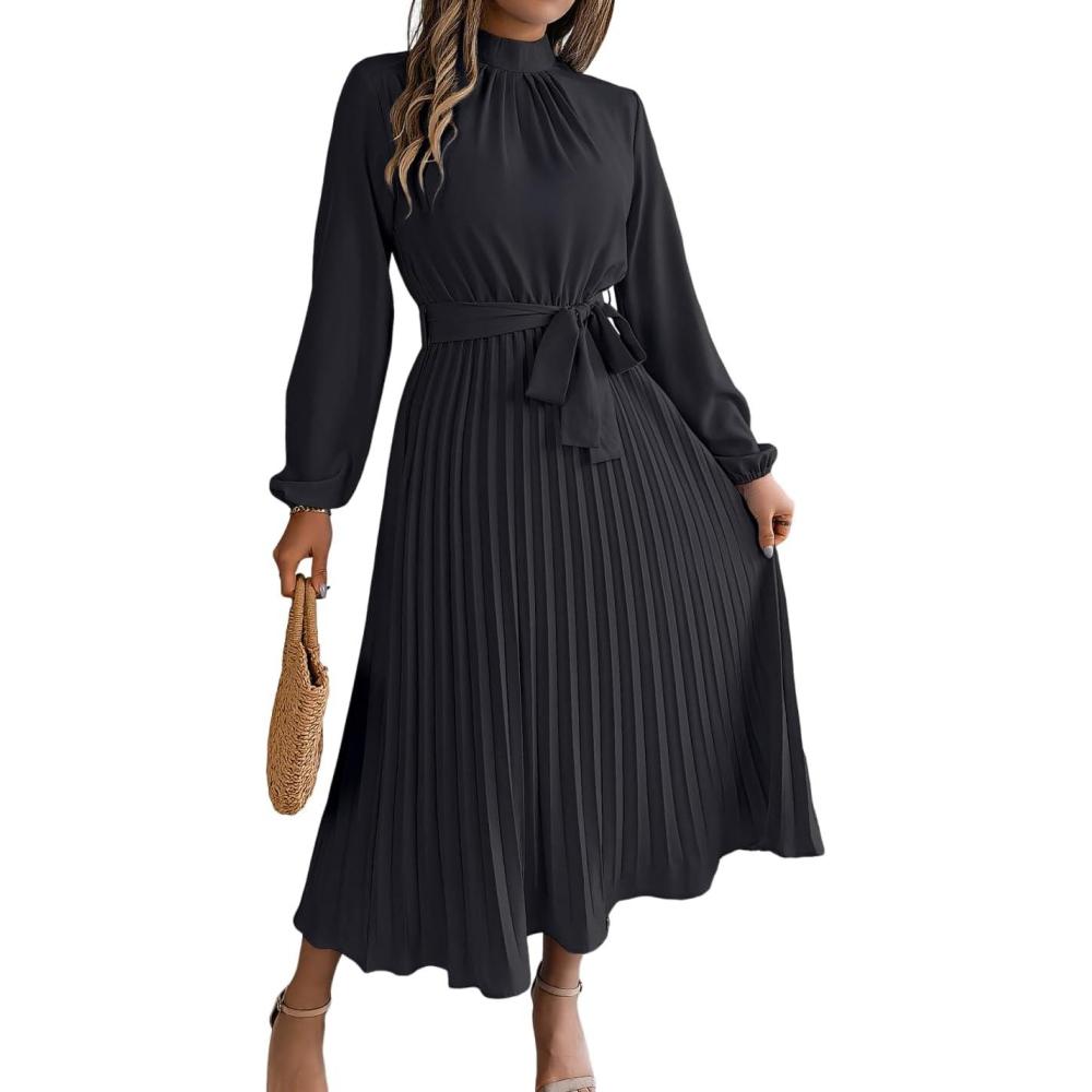 imagemeilun Standup Collar LongSleeve Midi Dress with TieWaist and Pleats Versatile Casual DressBlack