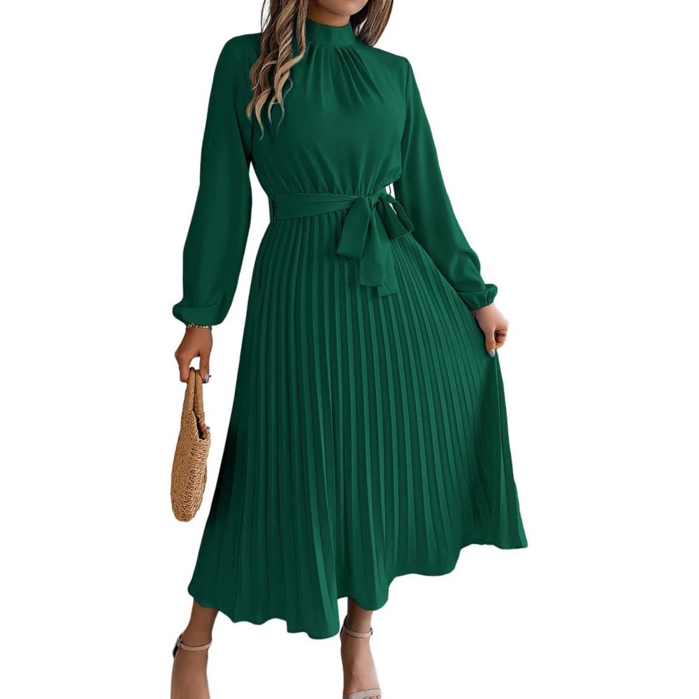 imagemeilun Standup Collar LongSleeve Midi Dress with TieWaist and Pleats Versatile Casual DressGreen