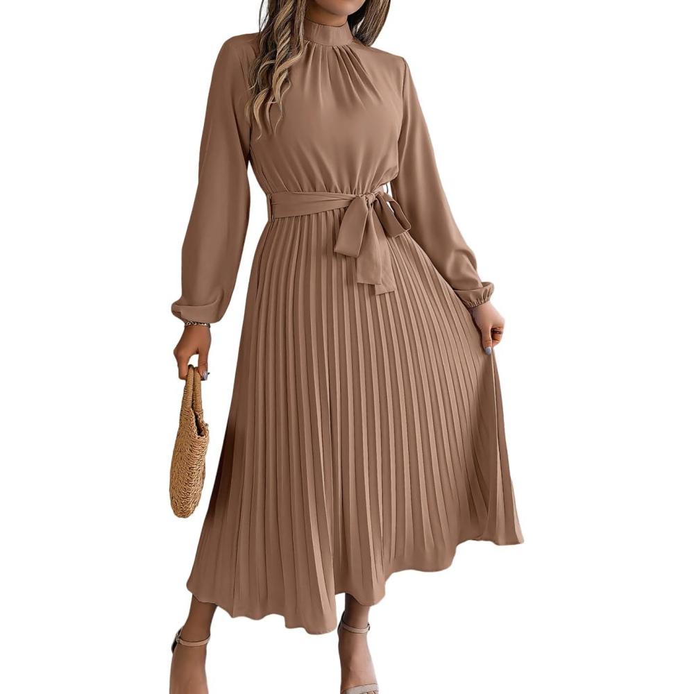 imagemeilun Standup Collar LongSleeve Midi Dress with TieWaist and Pleats Versatile Casual DressKhaki