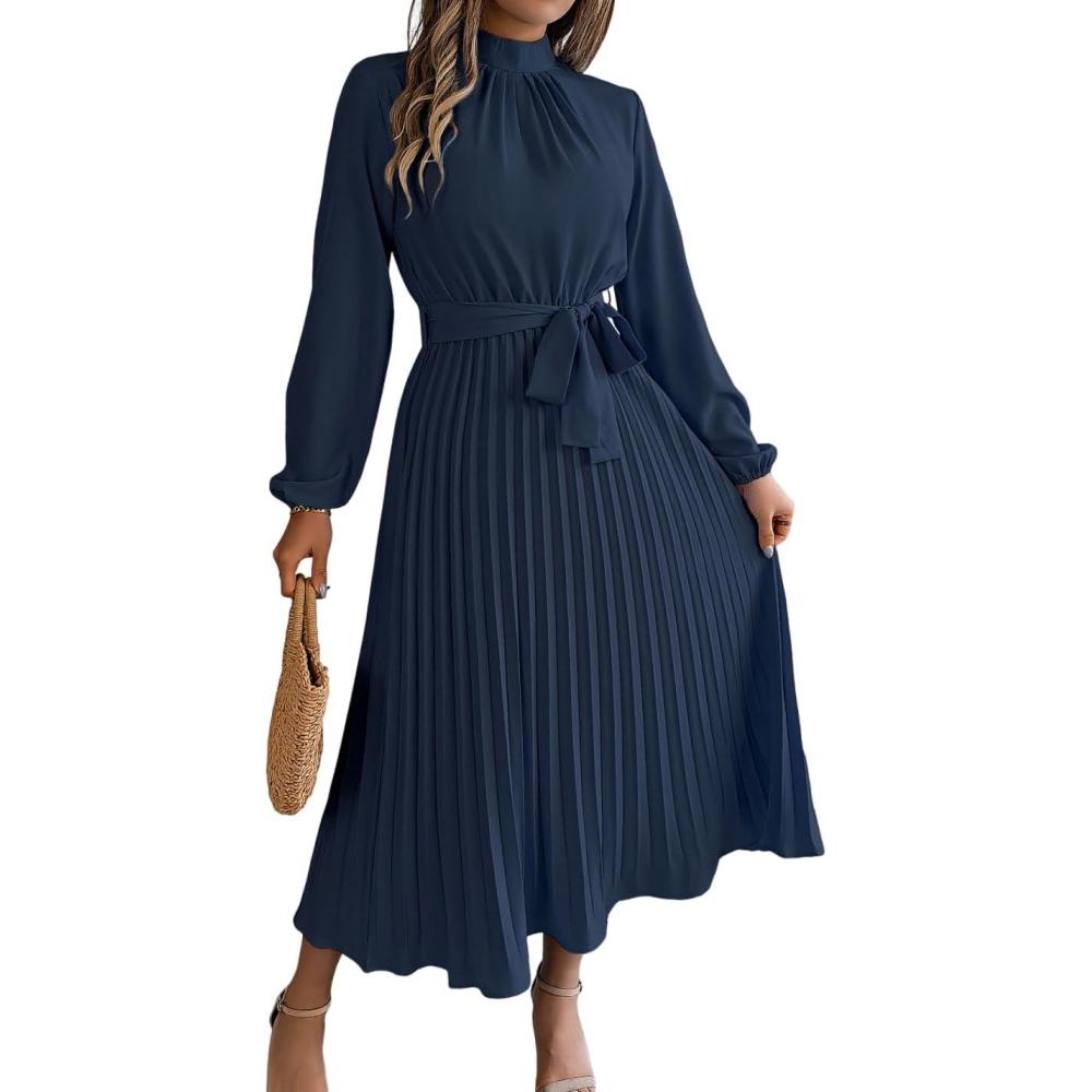 imagemeilun Standup Collar LongSleeve Midi Dress with TieWaist and Pleats Versatile Casual DressNavy
