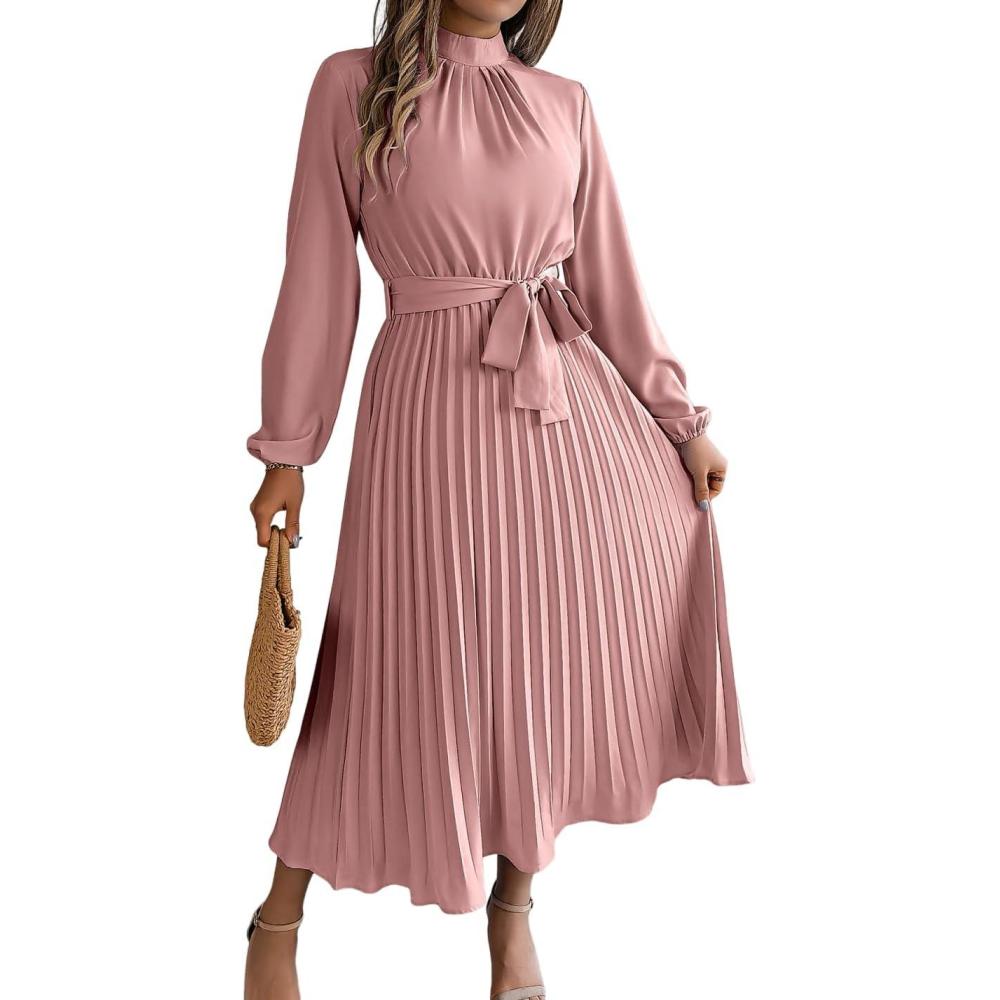 imagemeilun Standup Collar LongSleeve Midi Dress with TieWaist and Pleats Versatile Casual DressPink