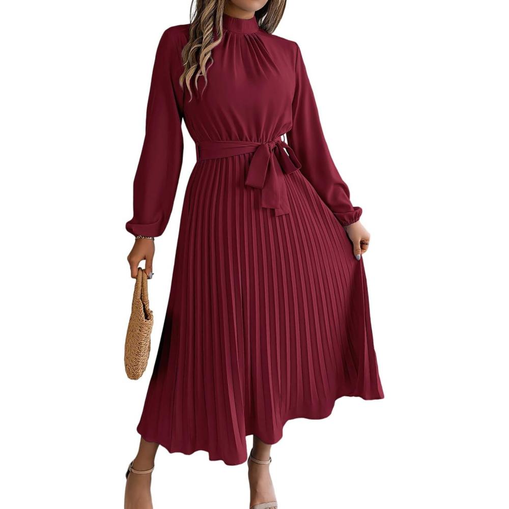 imagemeilun Standup Collar LongSleeve Midi Dress with TieWaist and Pleats Versatile Casual DressWine