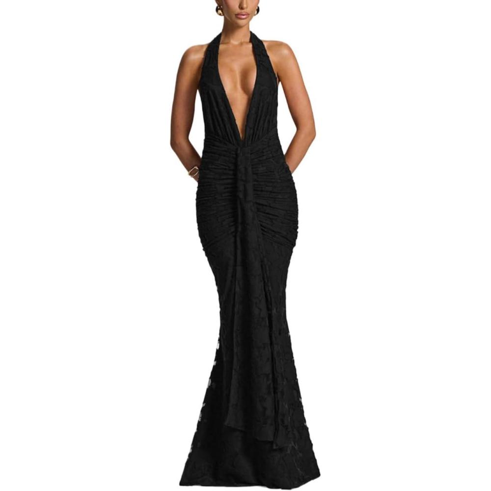 imagemeilun Tie Pleated Maxi Dress Deep V Neck Backless Hip Embroidered Dresses Holiday Seaside PartyBlack