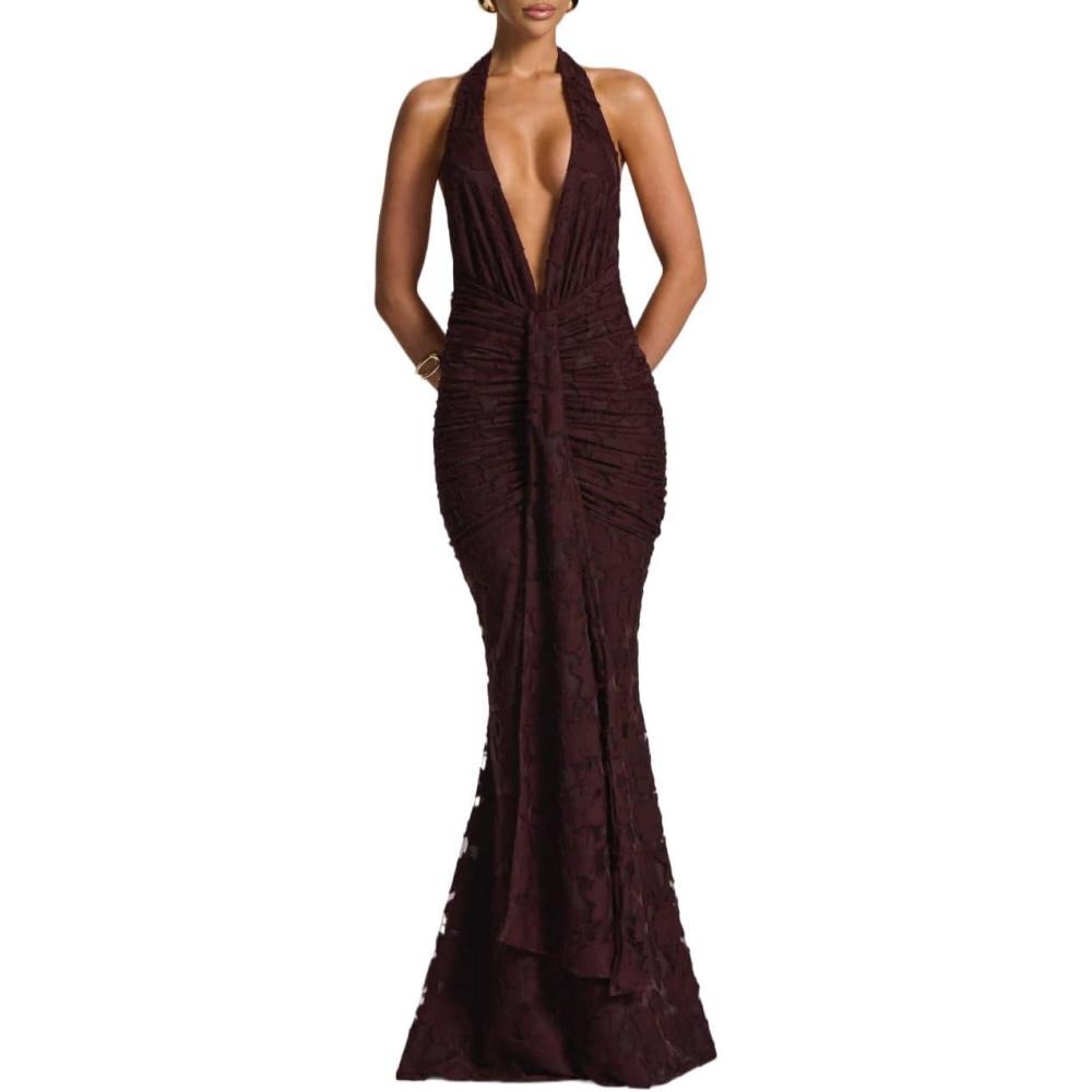 imagemeilun Tie Pleated Maxi Dress Deep V Neck Backless Hip Embroidered Dresses Holiday Seaside PartyBrown