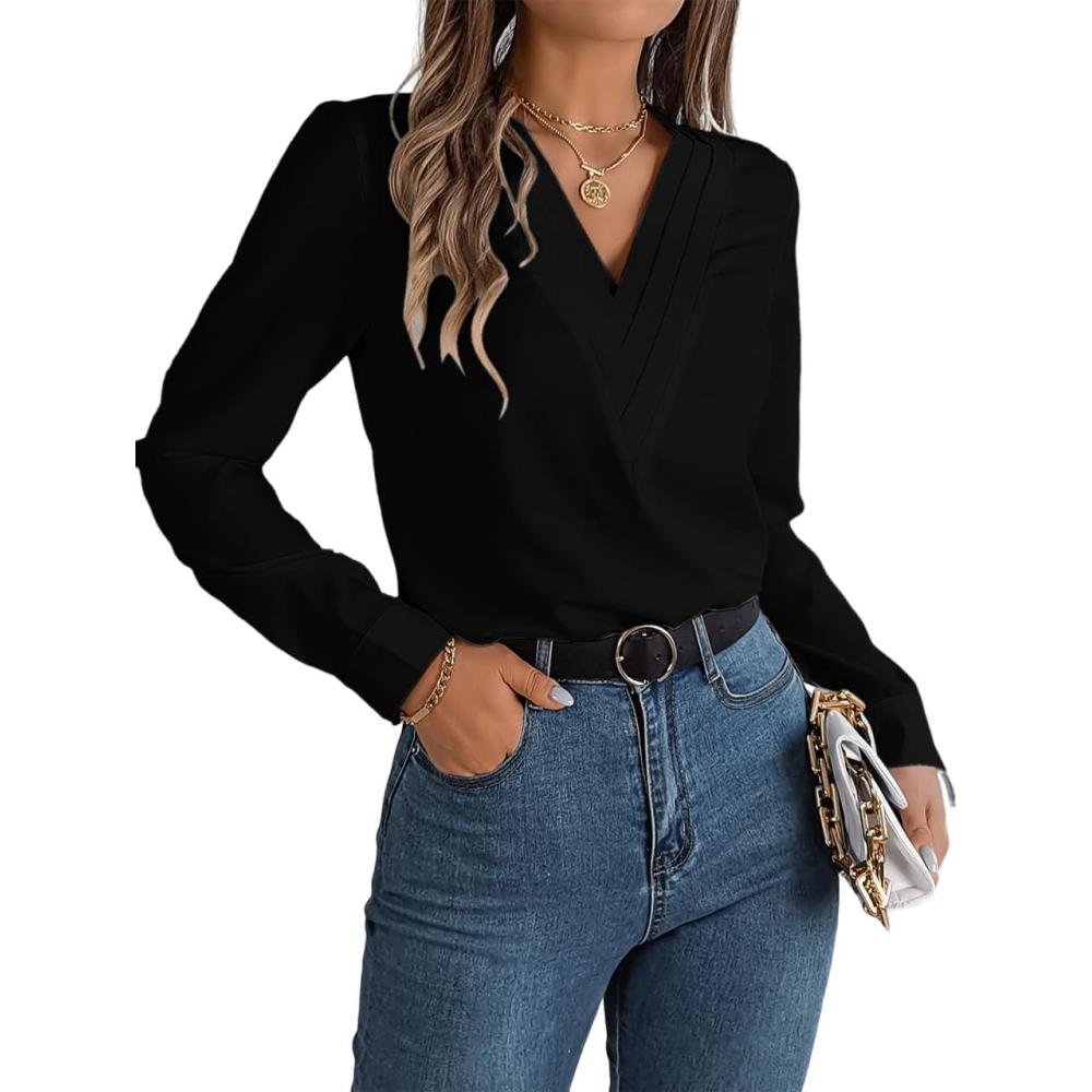 imagemeilun VNeck LongSleeve Shirt Solid Color SlimFit Elegant Blouse Womens Professional Daily WearBlack