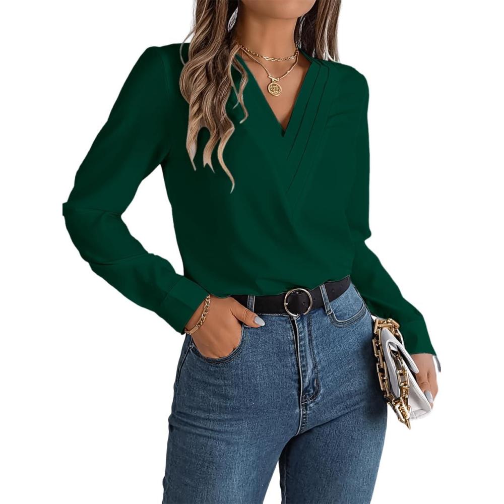imagemeilun VNeck LongSleeve Shirt Solid Color SlimFit Elegant Blouse Womens Professional Daily WearGreen