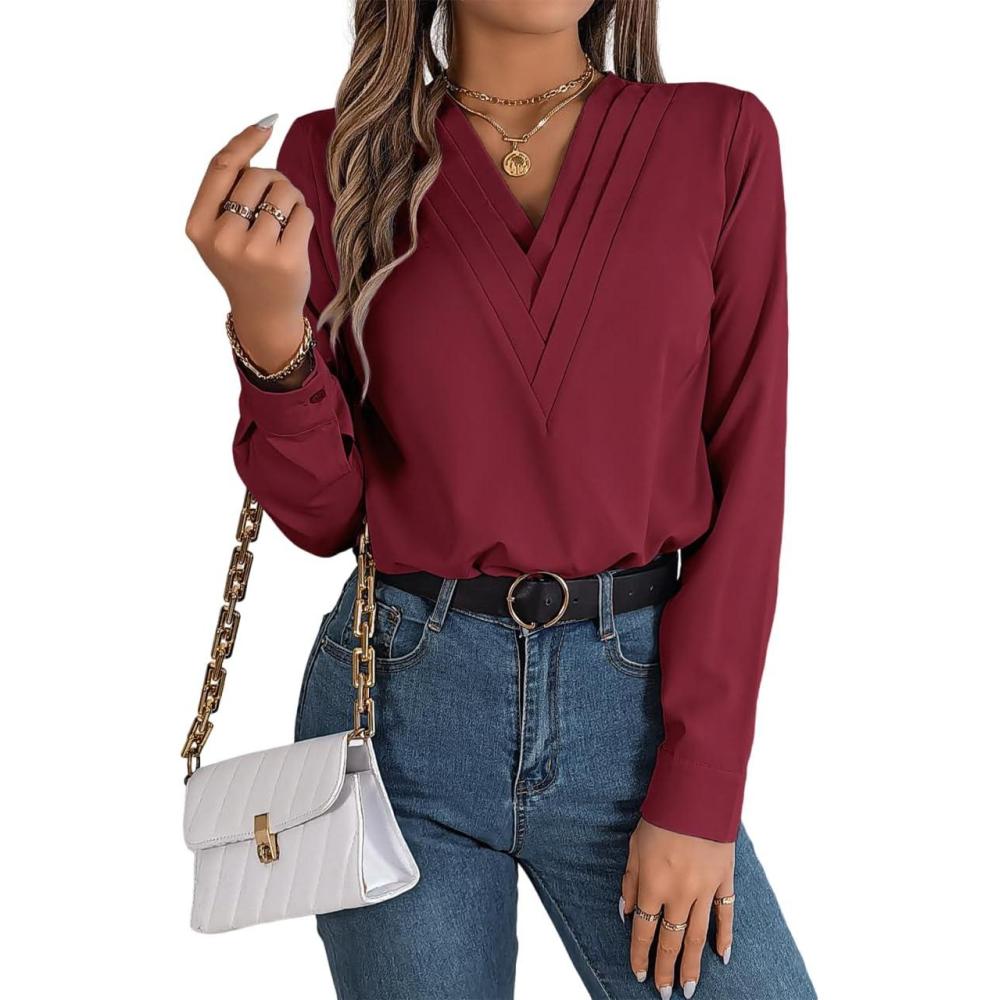 imagemeilun VNeck LongSleeve Shirt Solid Color SlimFit Elegant Blouse Womens Professional Daily WearRed