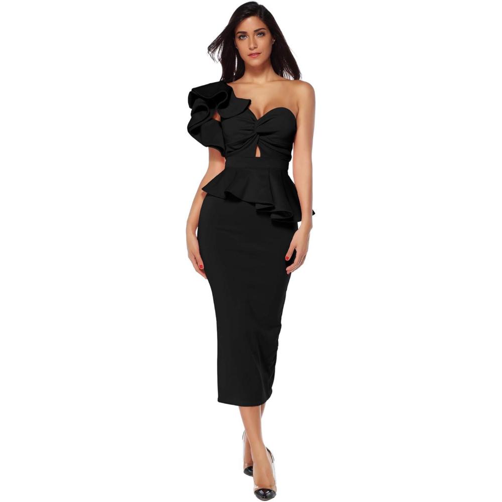 imagemeilun Women Celebrity Evening Party Dress Bodycon Sets One Shoulder Ruffles Club DressBlack