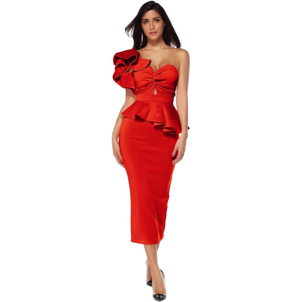 imagemeilun Women Celebrity Evening Party Dress Bodycon Sets One Shoulder Ruffles Club DressRed