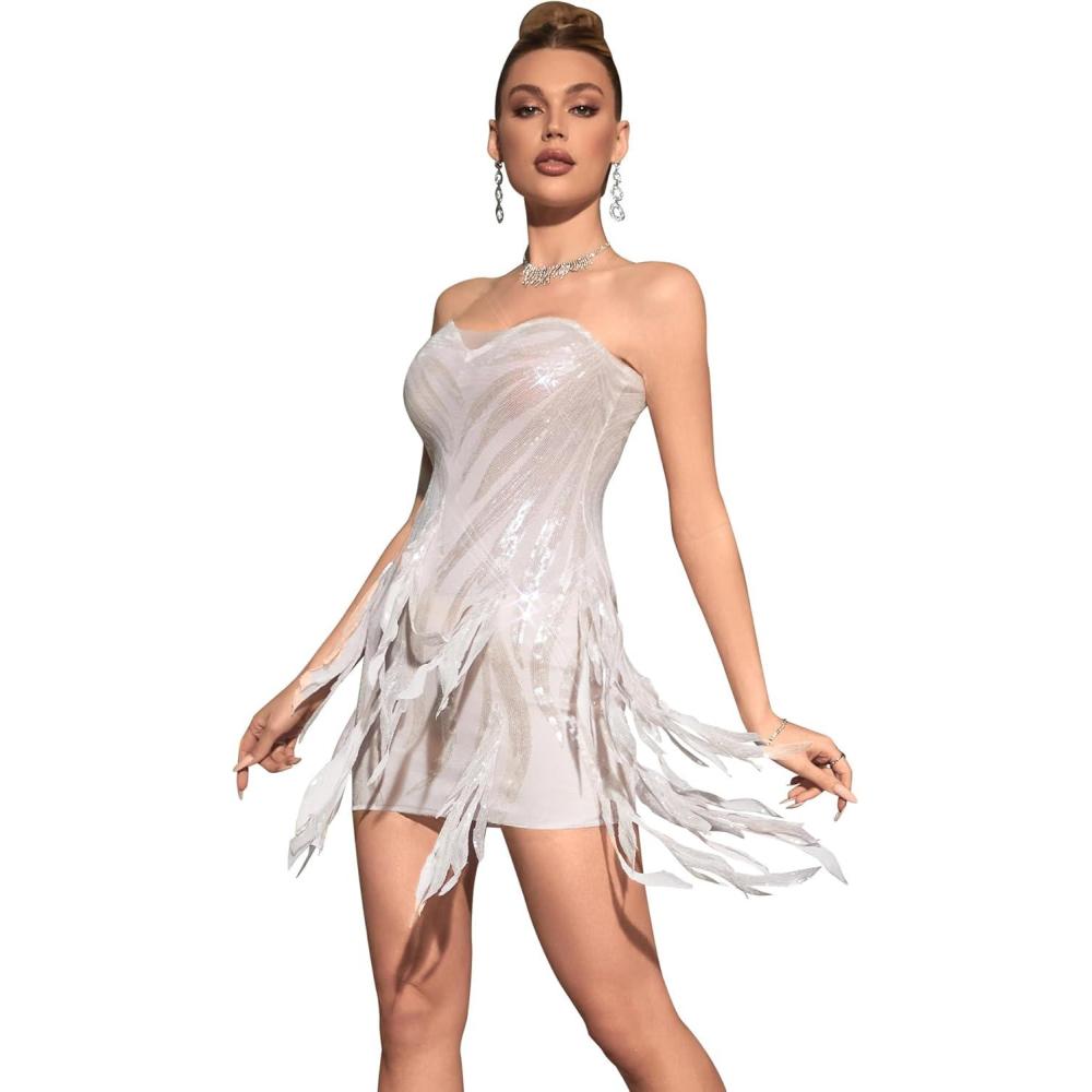 imagemeilun Women Cocktail Dresses Handicraft Sequins Flapper Dress with Feather Mini Prom Party DressEas Shown