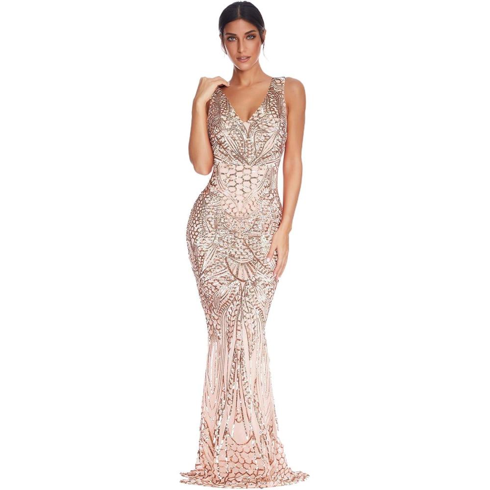 imagemeilun Women Long Maxi Prom Gowns Sequin Mermaid Bridesmaid Formal Evening DressBeige