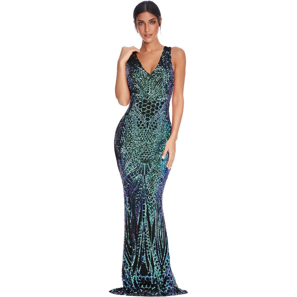 imagemeilun Women Long Maxi Prom Gowns Sequin Mermaid Bridesmaid Formal Evening DressGreen