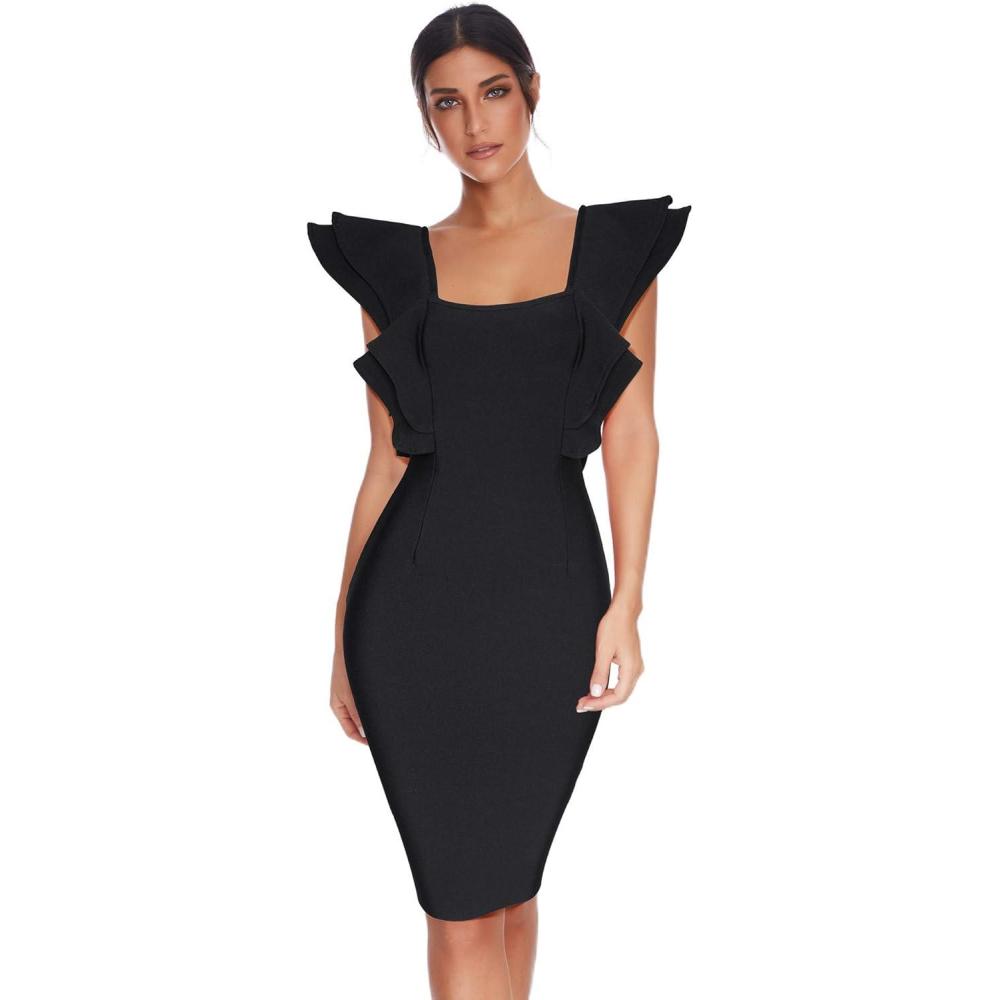 imagemeilun Womens Celebrity Party Bandage Dress Vestido Ruffles Butterfly Sleeve Bodycon Club DressBlack
