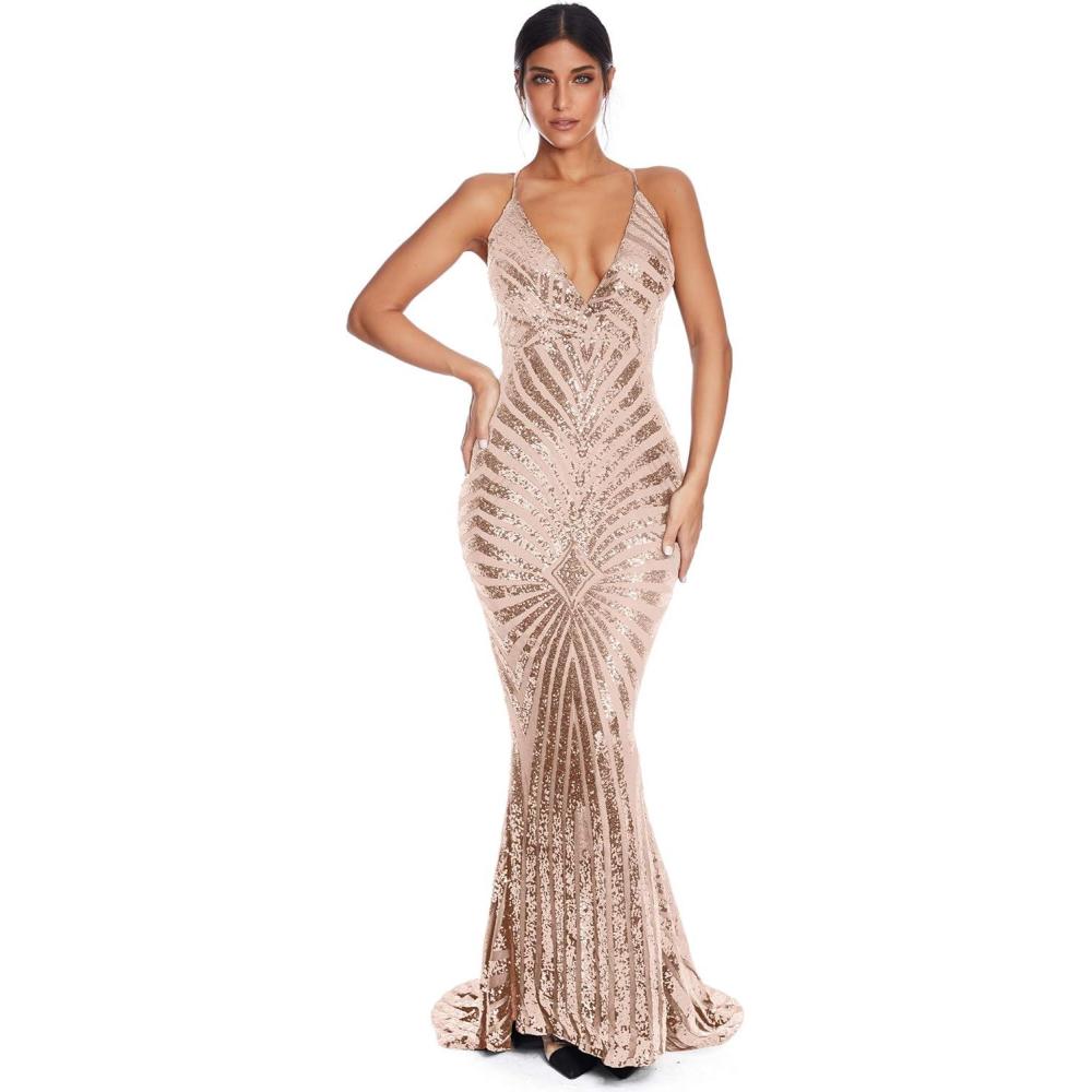 imagemeilun Womens Deep V Elegant Striped Backless Dresses Sequin Bodycon Maxi Party Reflective DressBeige