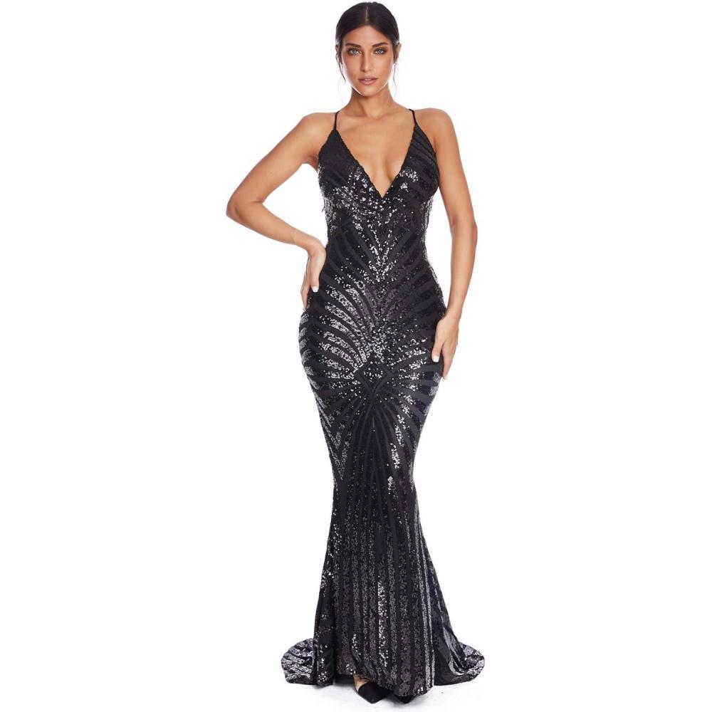 imagemeilun Womens Deep V Elegant Striped Backless Dresses Sequin Bodycon Maxi Party Reflective DressBlack