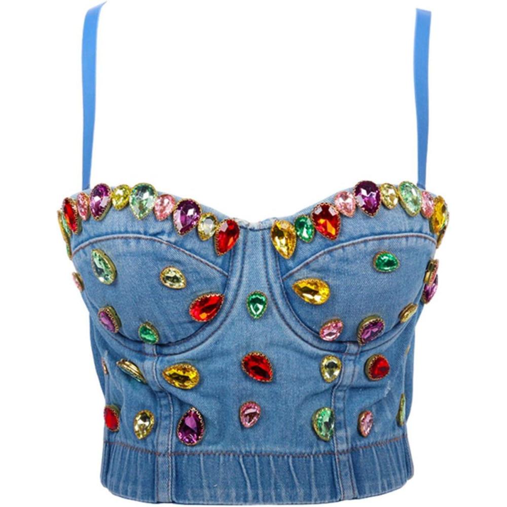 imagemeilun Womens Glitter Rhinestone Diamond Jean Bustier 3D Crop Top Floral Corset Bra Clubwear for PartyJeanred